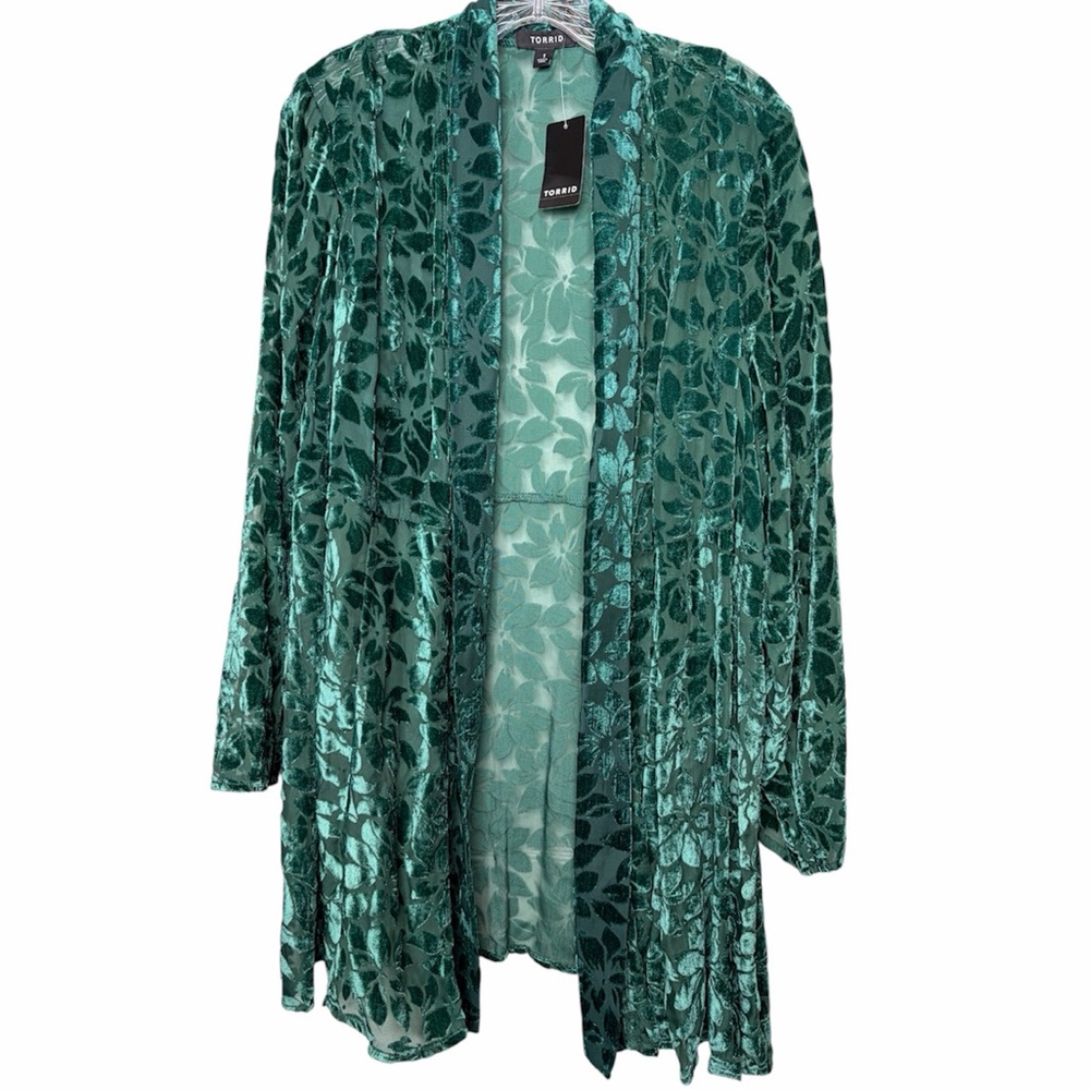 Torrid Velvet Burnout Floral Kimono Cardigan Sheer Green Size 1X